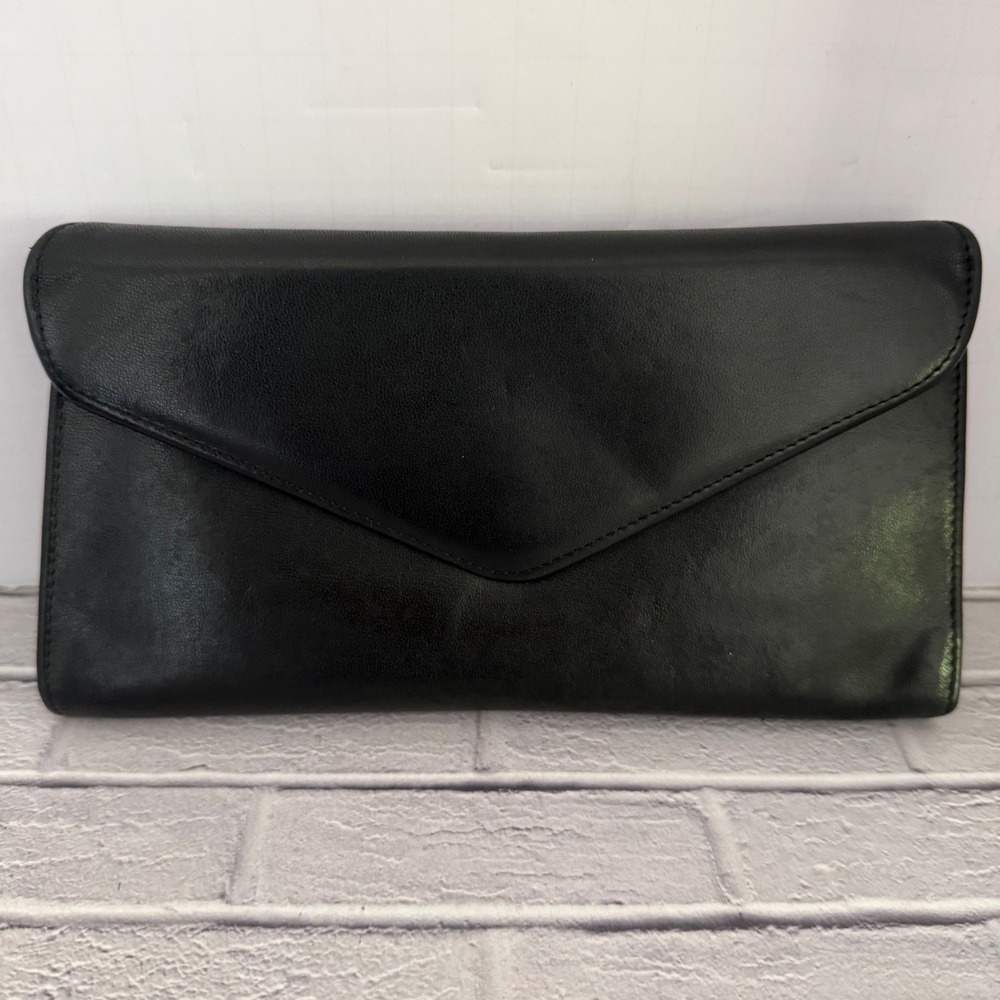 Vtg Garys Leather Black Envelope Clutch Wallet Made in USA Travel Organizer